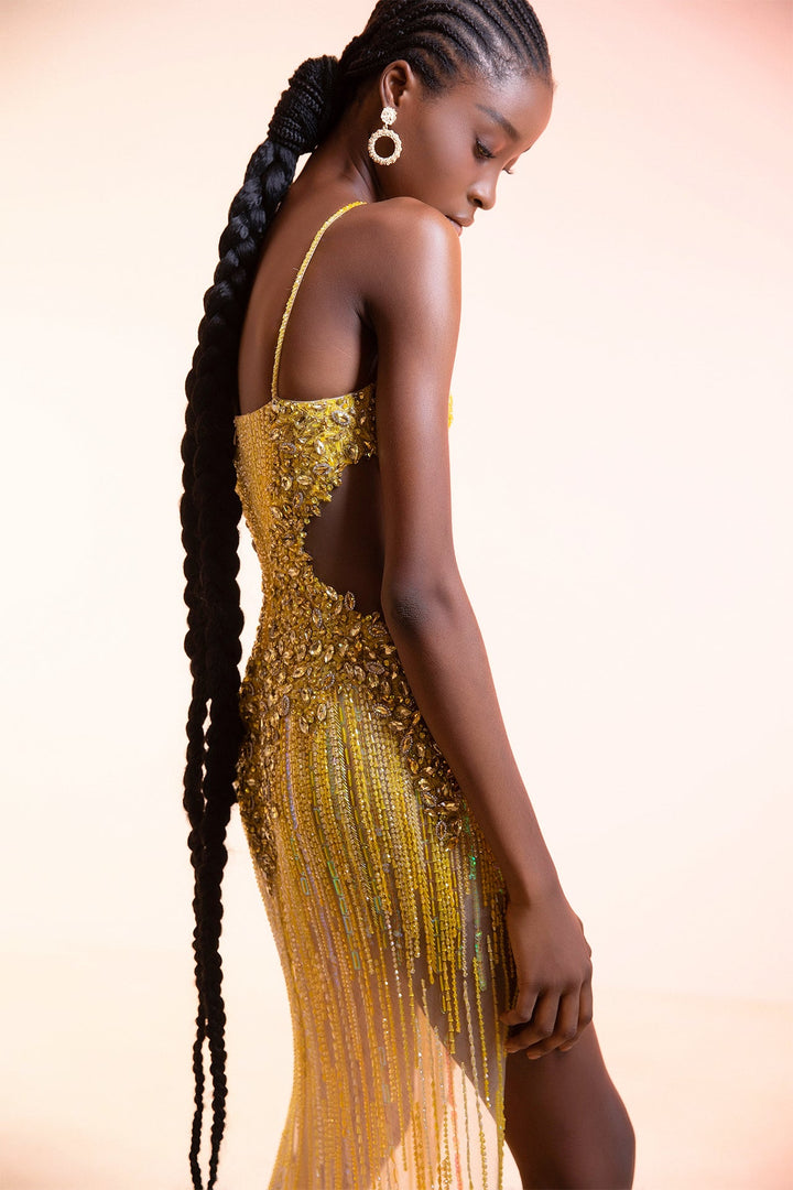 Yellow Keyhole Gown with Bead Fringe