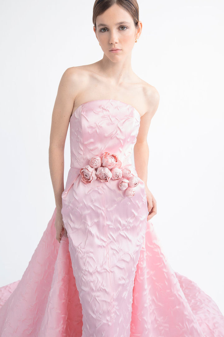 Pink Jacquard Strapless Column Dress