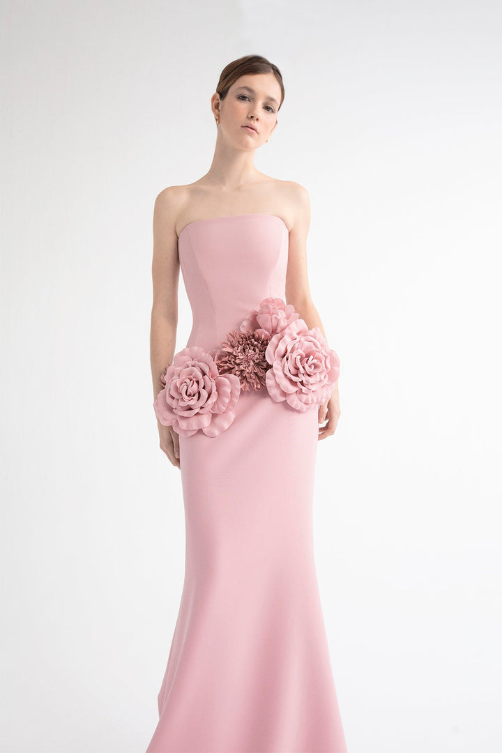 Jacquard Strapless Mermaid Dress with Floral Appliques