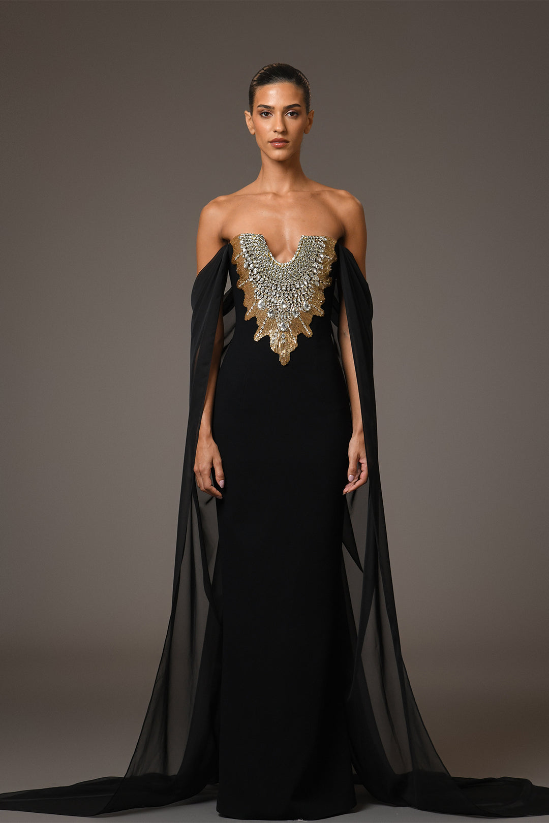 Crepe Dress With Embroidery And Chiffon Sleeves (In-Stock) Black / US 6 Crepe Dress With Embroidery And Chiffon Sleeves (In-Stock) Black / US 6