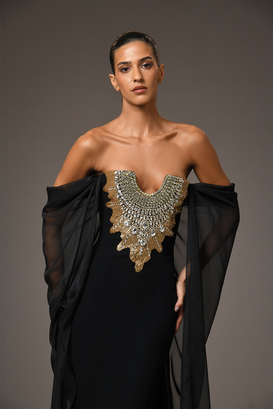 Long Chiffon Dress with Embroidery and Beads