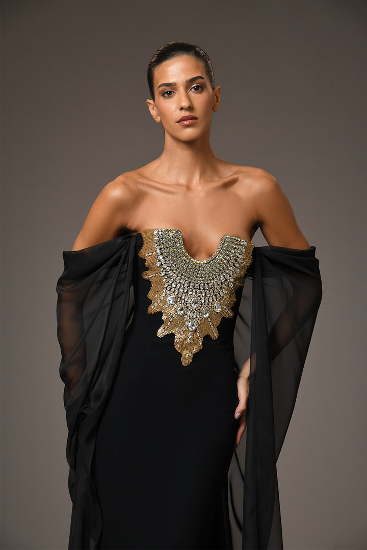 Long Chiffon Dress with Embroidery and Beads