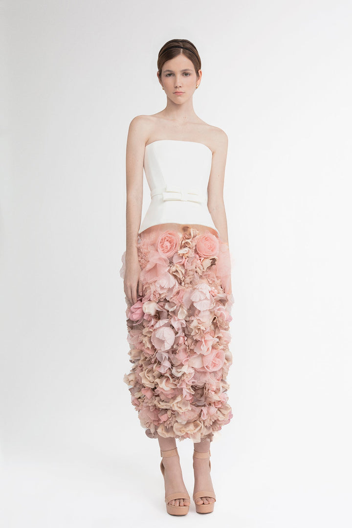 Strapless Dress with Tulle and Silk Floral Appliques