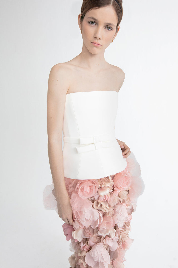 Strapless Dress with Tulle and Silk Floral Appliques