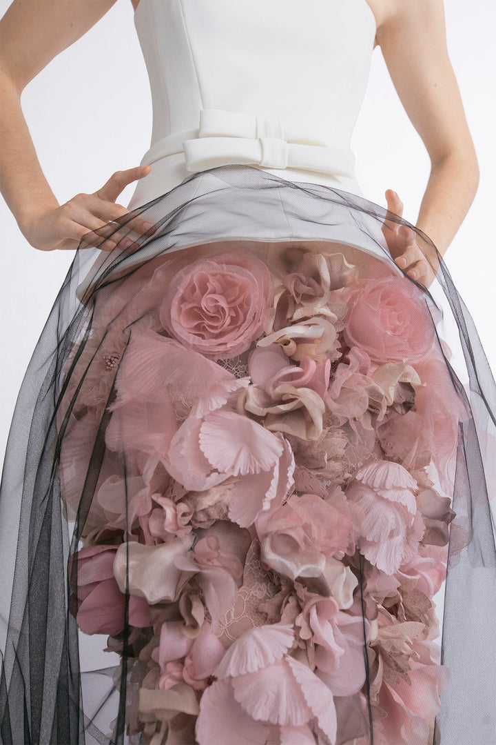 Strapless Dress with Tulle and Silk Floral Appliques