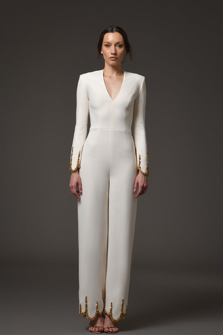 Jumpsuit with Embroidery and Structured Shoulders