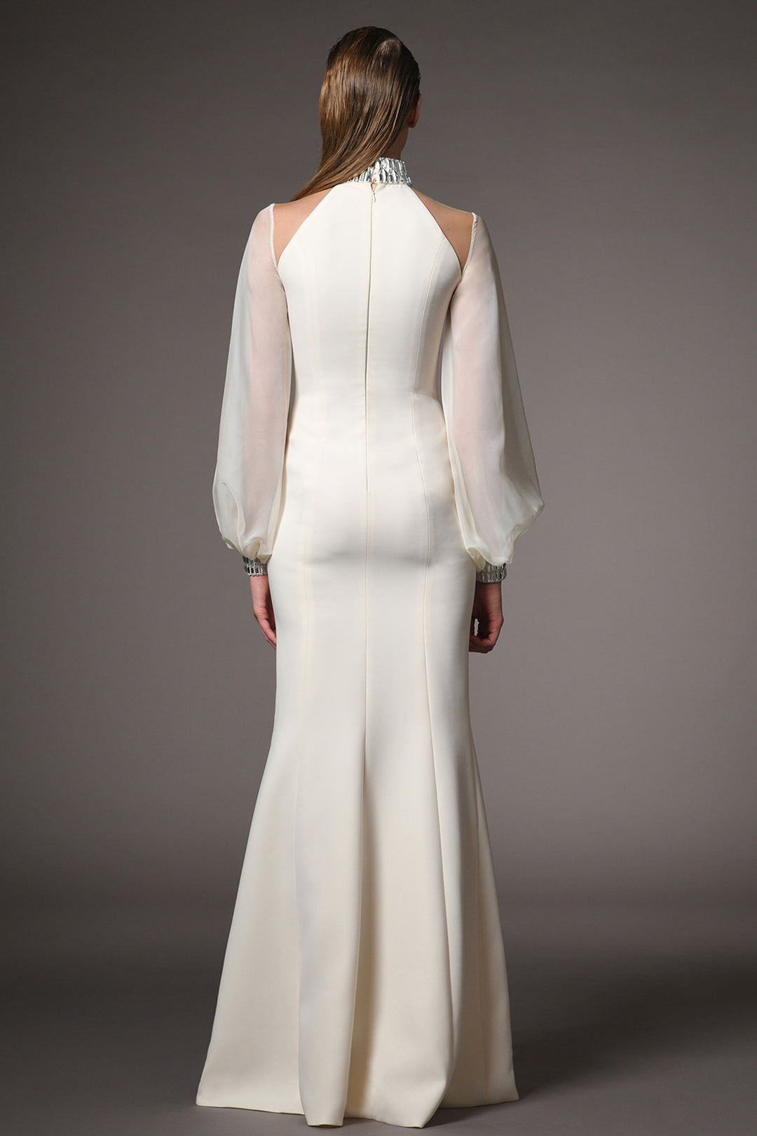 Crepe Long-Sleeved Mermaid Dress with Embroidery