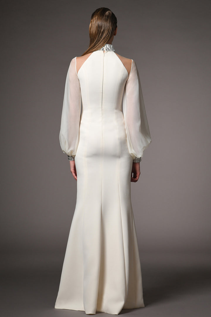 Crepe Long-Sleeved Mermaid Dress with Embroidery
