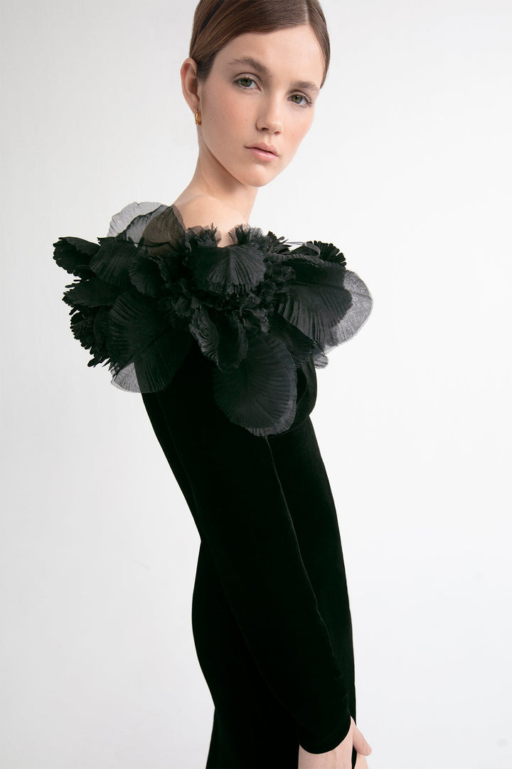Velvet Off-The-Shoulder Dress with Floral Appliques