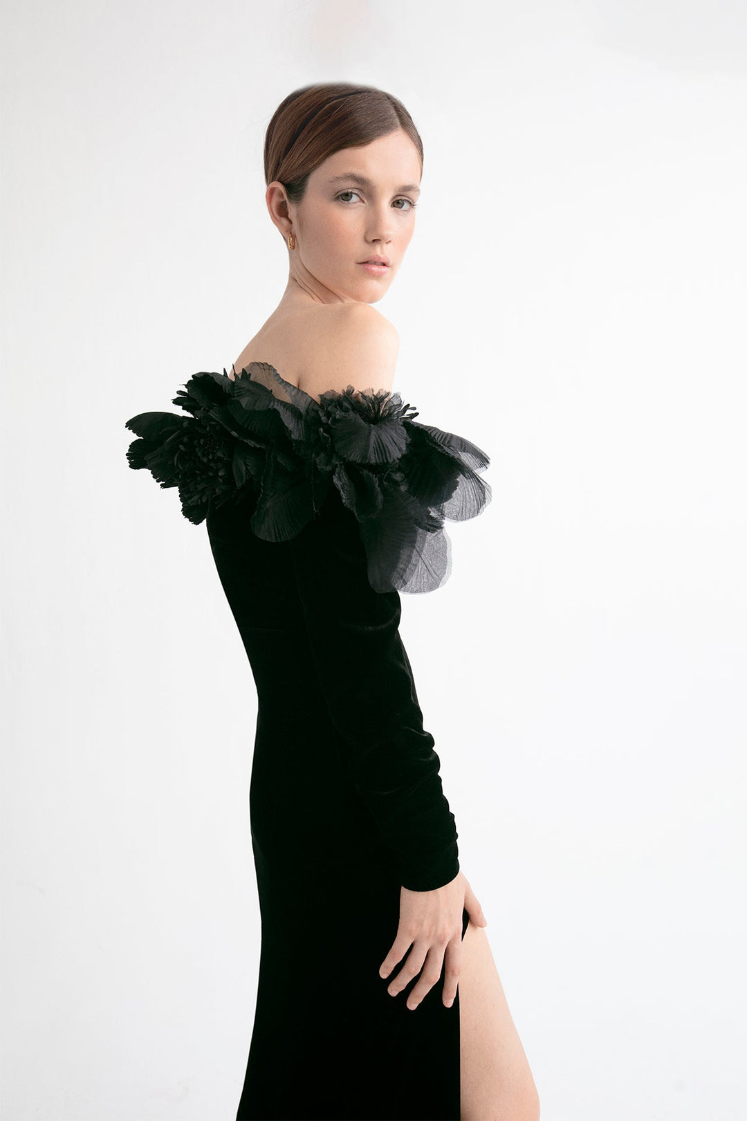 Velvet Off-The-Shoulder Dress with Floral Appliques