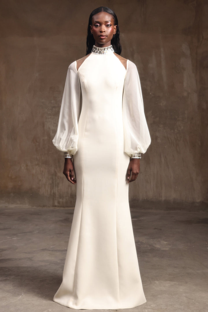 Crepe Long-Sleeved Mermaid Dress with Embroidery