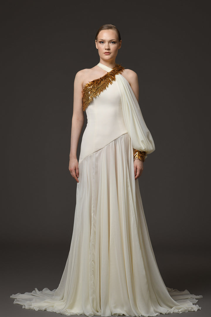 Long Dress with Asymmetric Shoulder and Embroidery