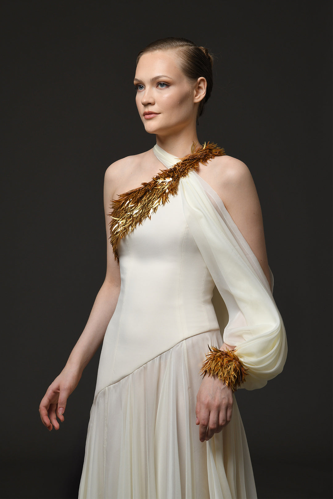 Long Dress with Asymmetric Shoulder and Embroidery