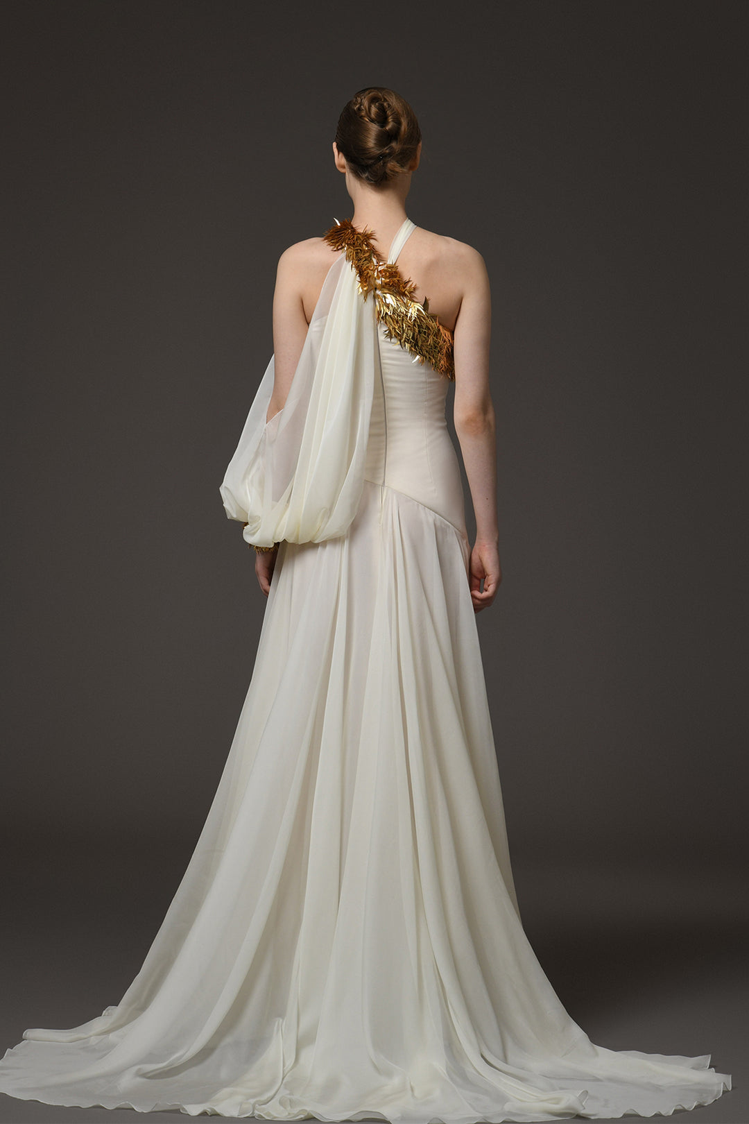 Long Dress with Asymmetric Shoulder and Embroidery