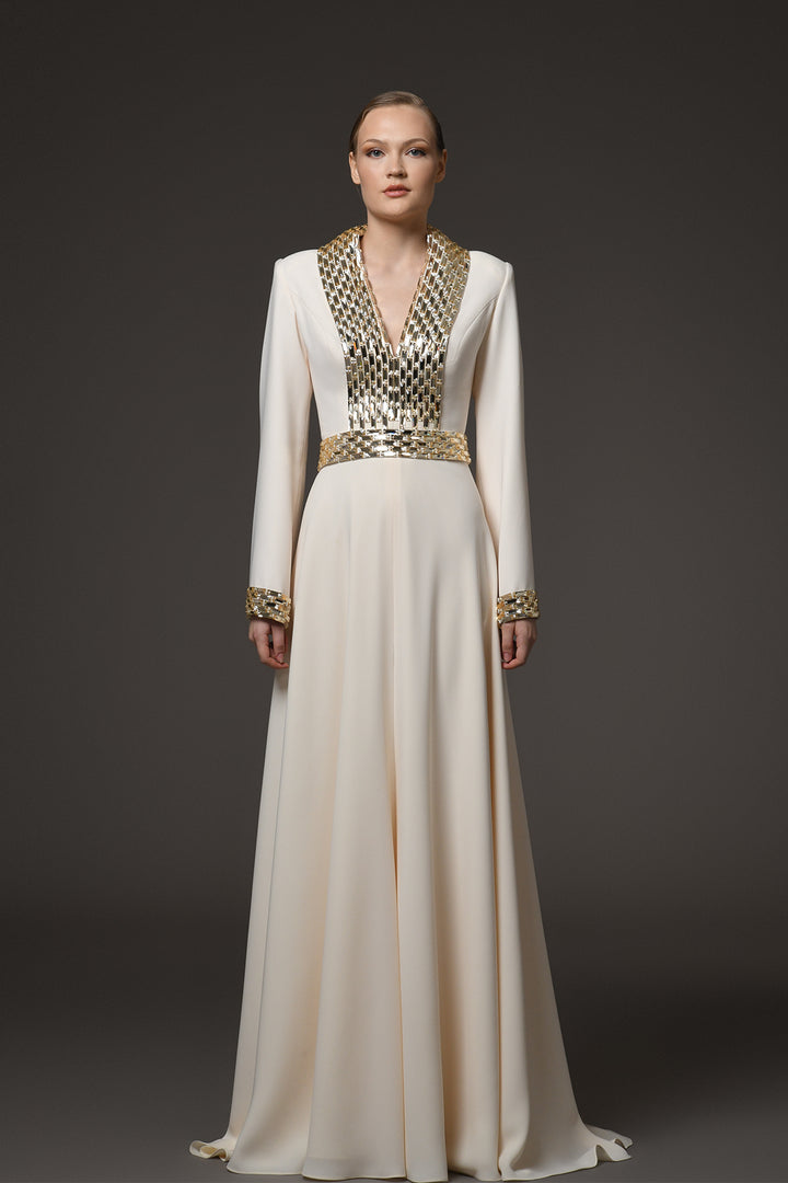 Long Dress with Baguette Embroidery and Belt