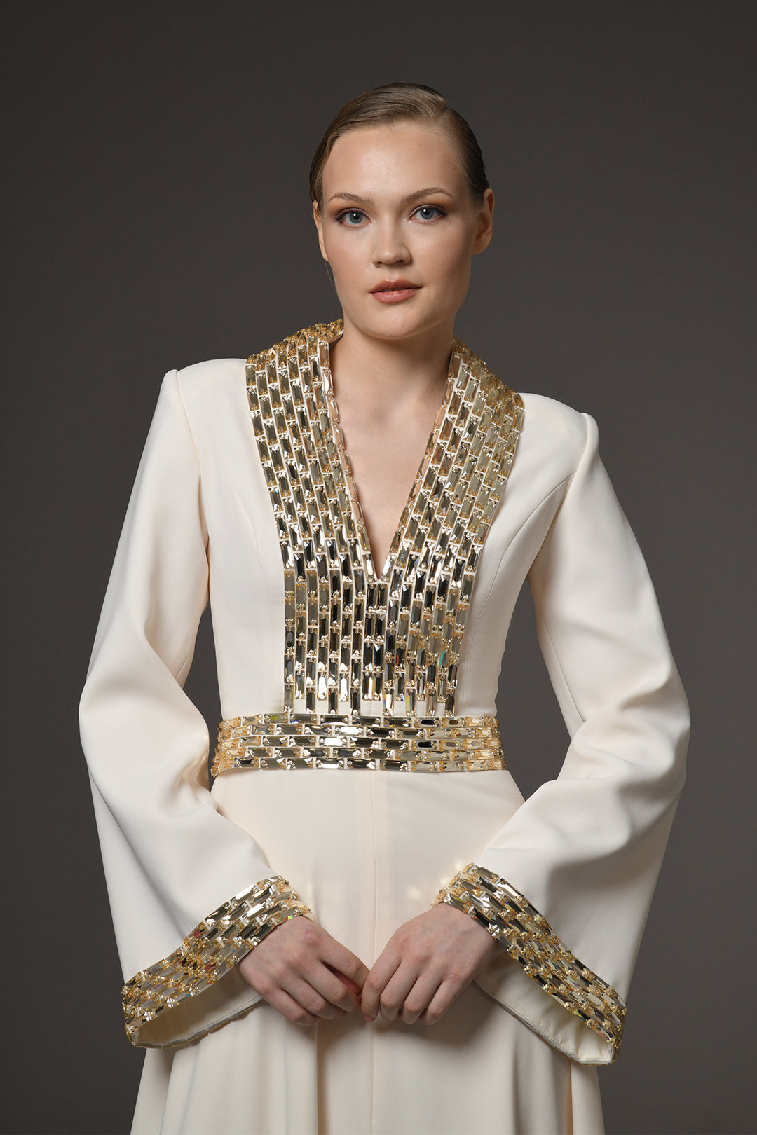 Long Dress with Baguette Embroidery and Belt