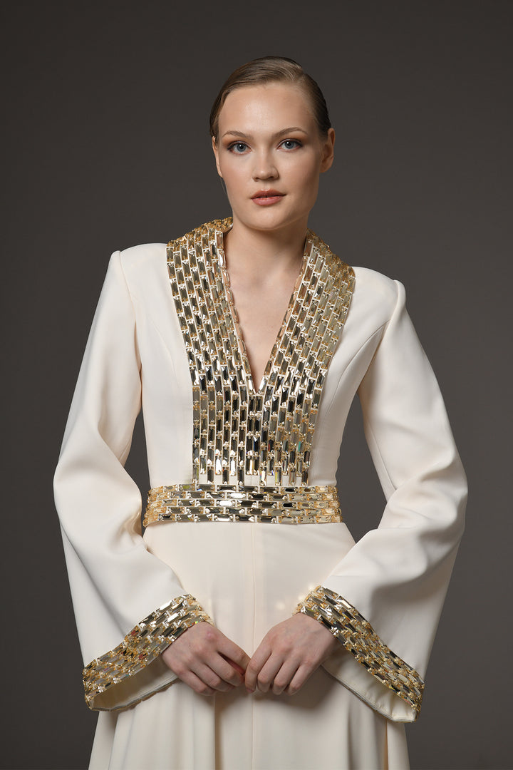Long Dress with Baguette Embroidery and Belt