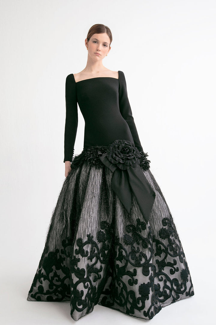Crepe and Silk Tulle A-line Dress with Floral Appliques