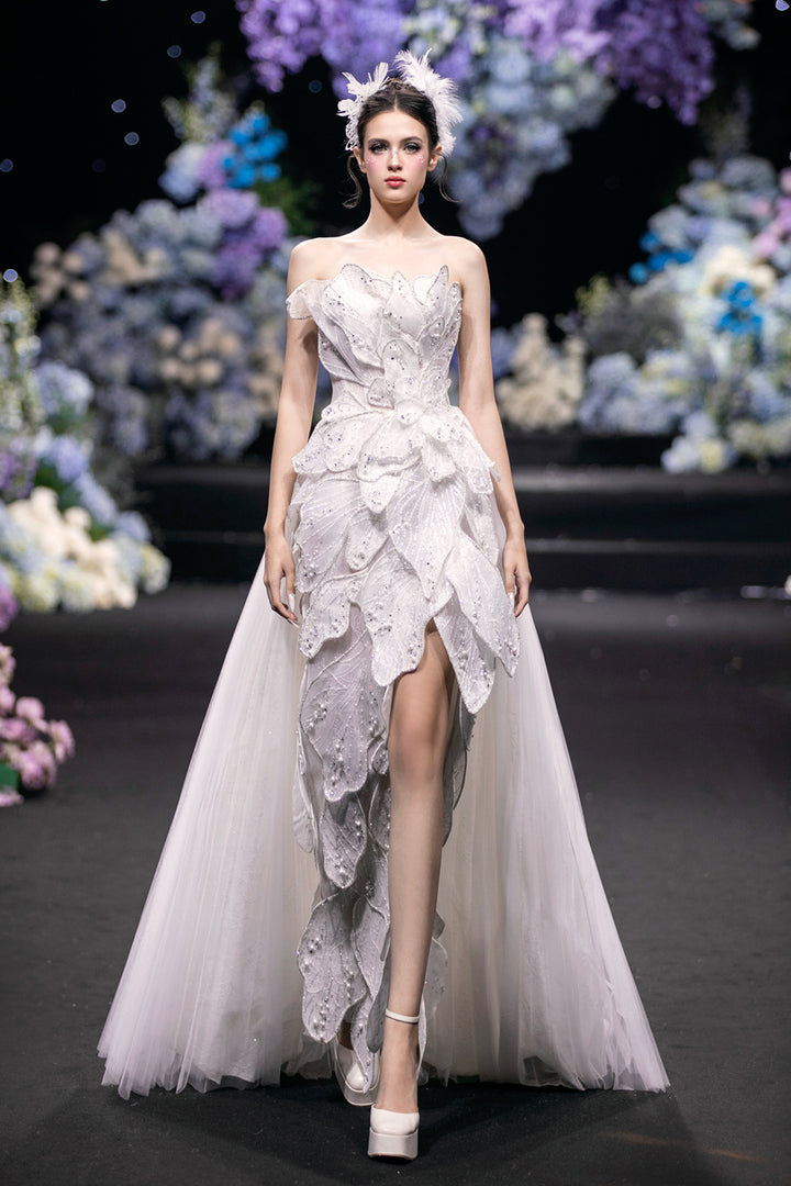 Layered Blossom Corseted High-Low Tulle Dress