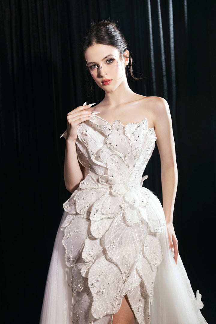 Layered Blossom Corseted High-Low Tulle Dress