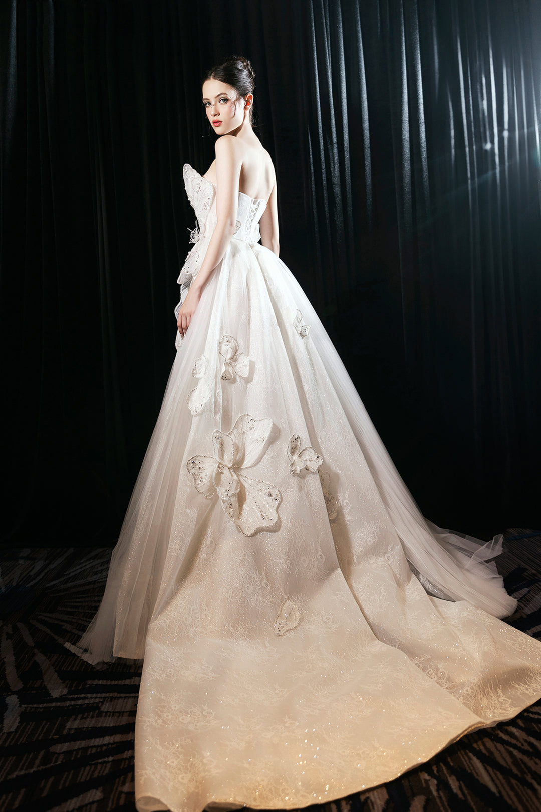 Layered Blossom Corseted High-Low Tulle Dress