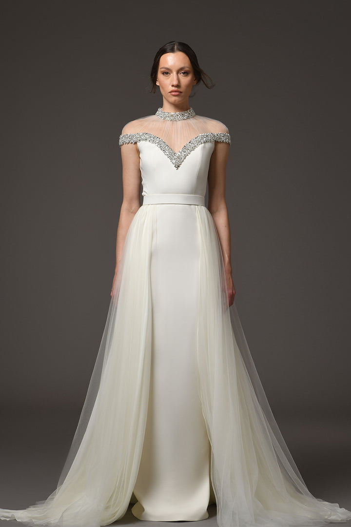 Long Dress with Crystal Embroidery and Tulle Overskirt