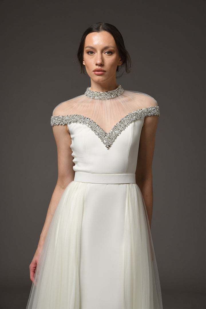 Long Dress with Crystal Embroidery and Tulle Overskirt