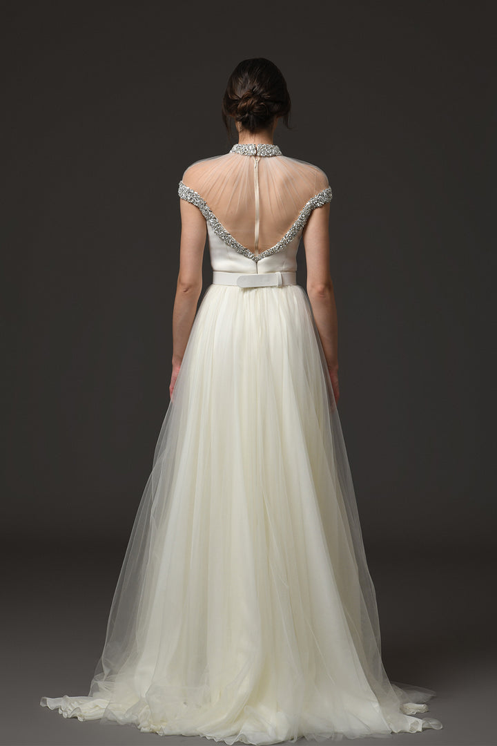 Long Dress with Crystal Embroidery and Tulle Overskirt