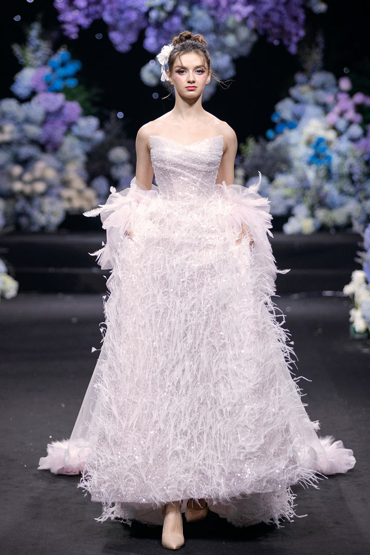 Feathered Embellishment A-Line Dress with Beadwork