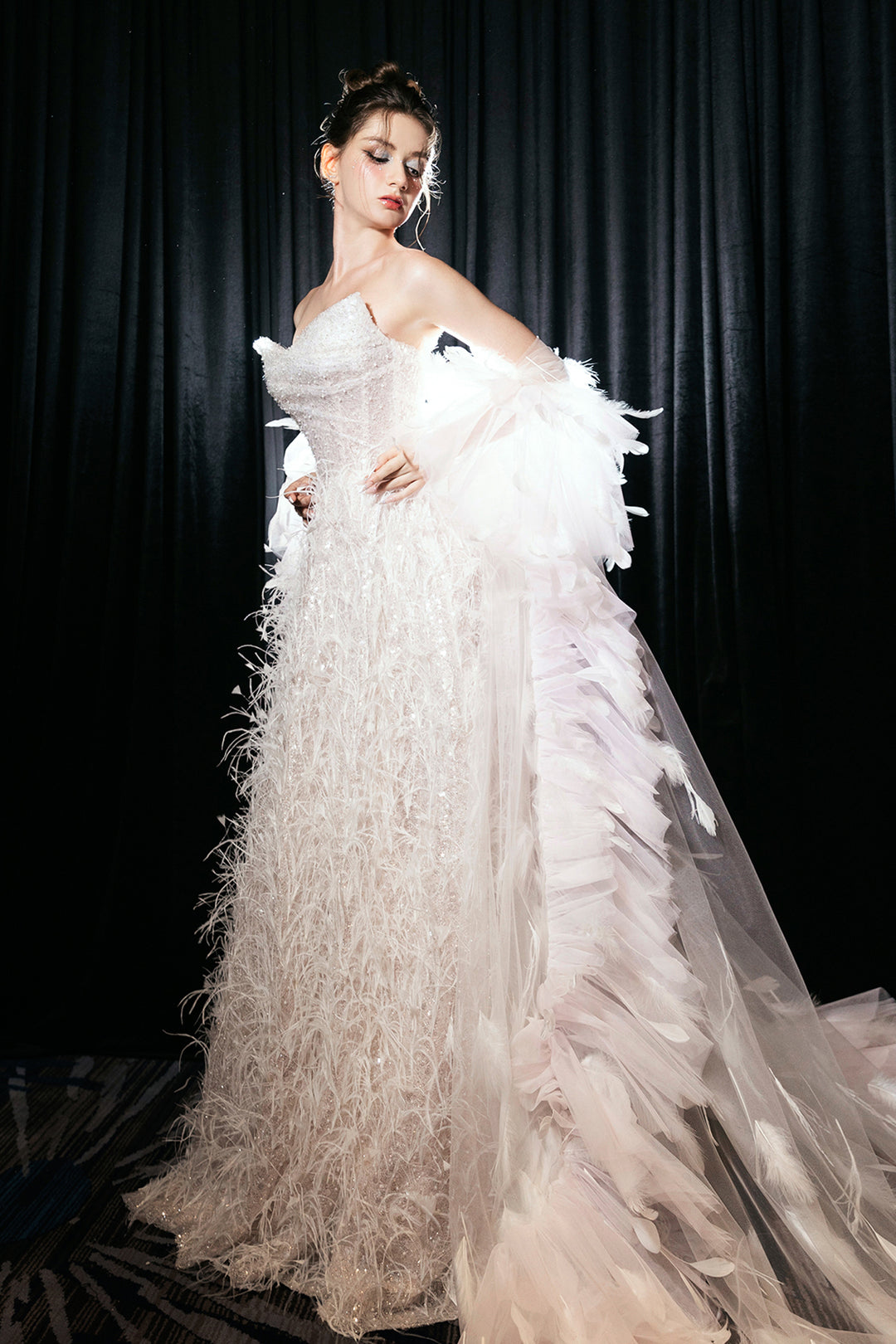 Feathered Embellishment A-Line Dress with Beadwork