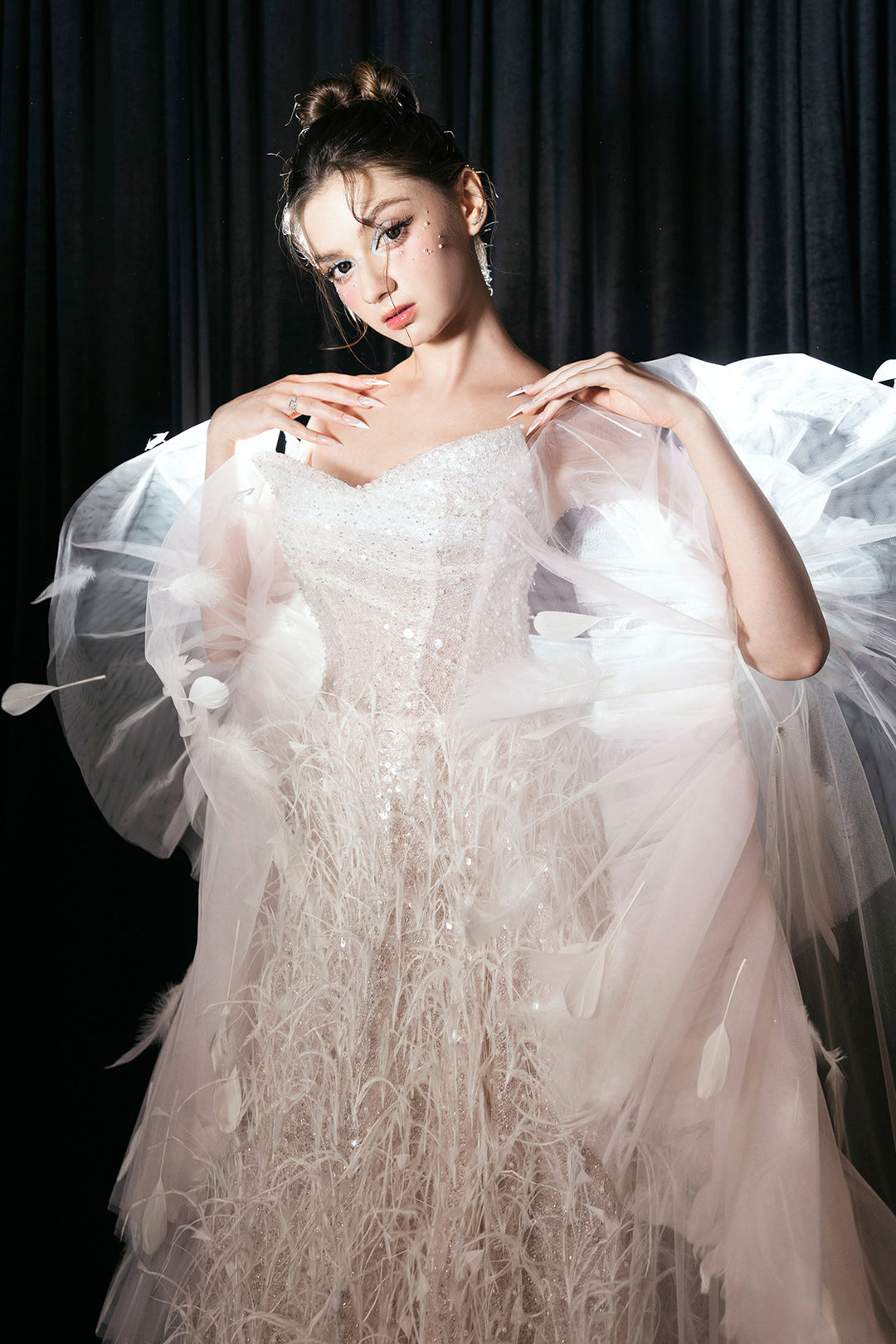 Feathered Embellishment A-Line Dress with Beadwork