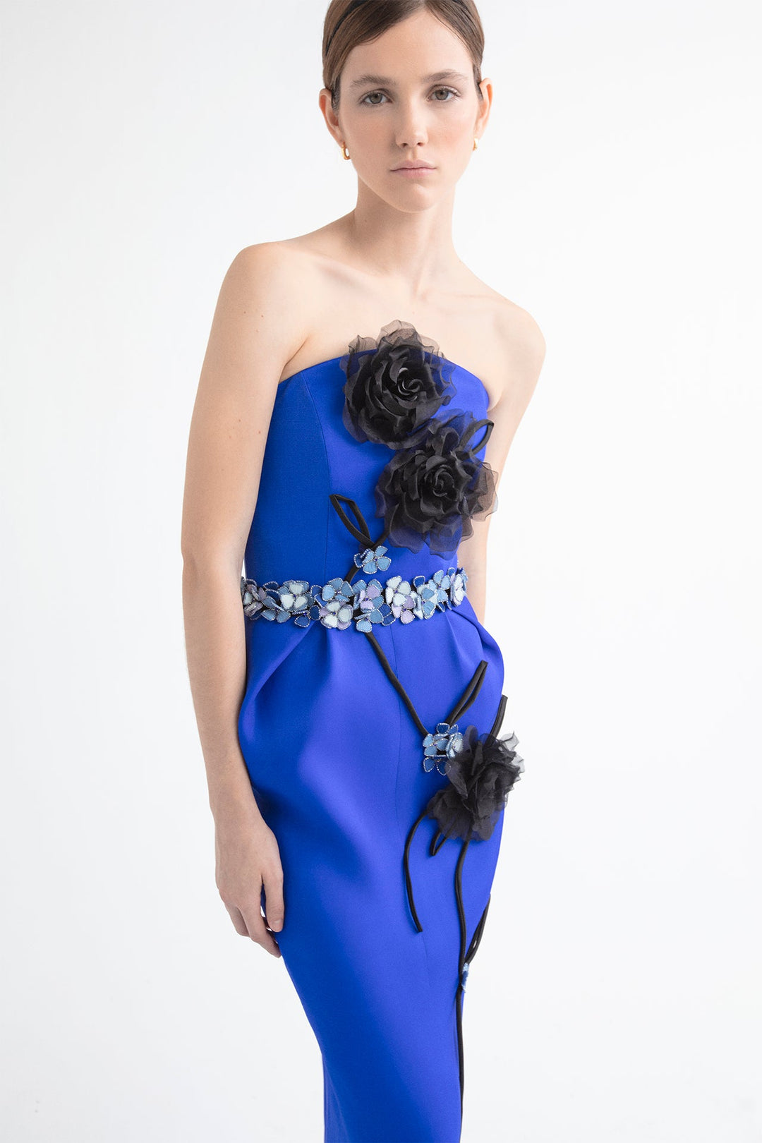 Silk Strapless Dress with Floral Appliques