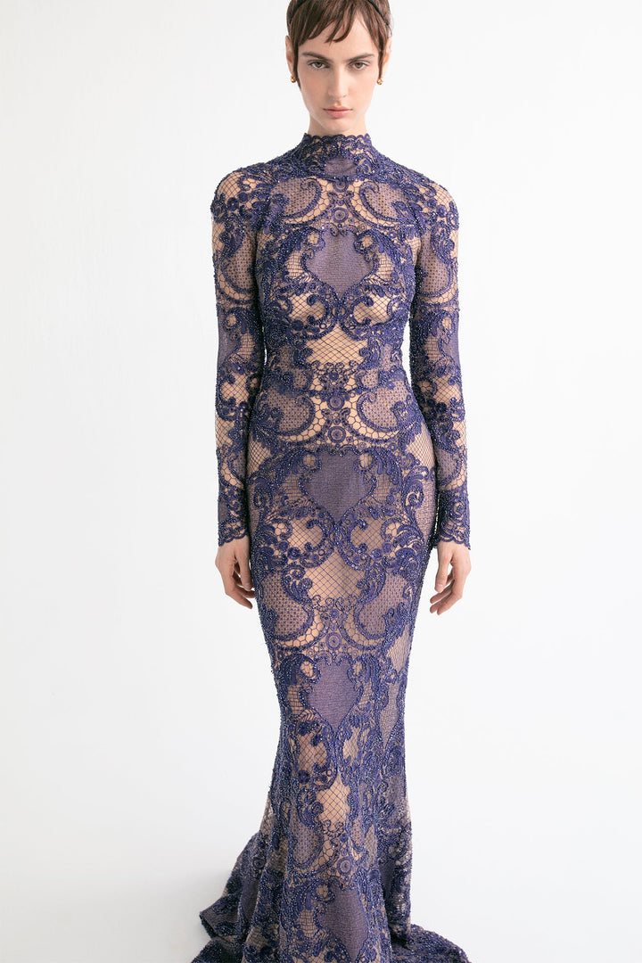 Embroidered Tulle and Chantilly Long-Sleeved Mermaid Dress