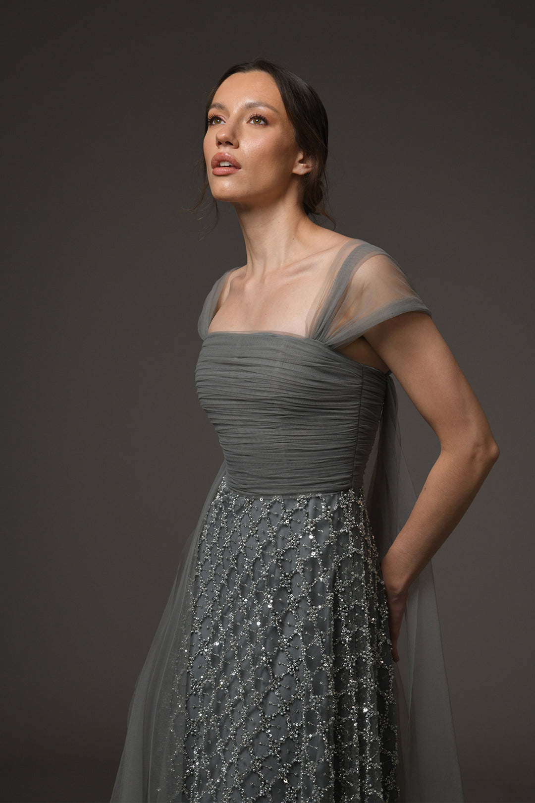 A-Line Long Dress with Tulle and Cape