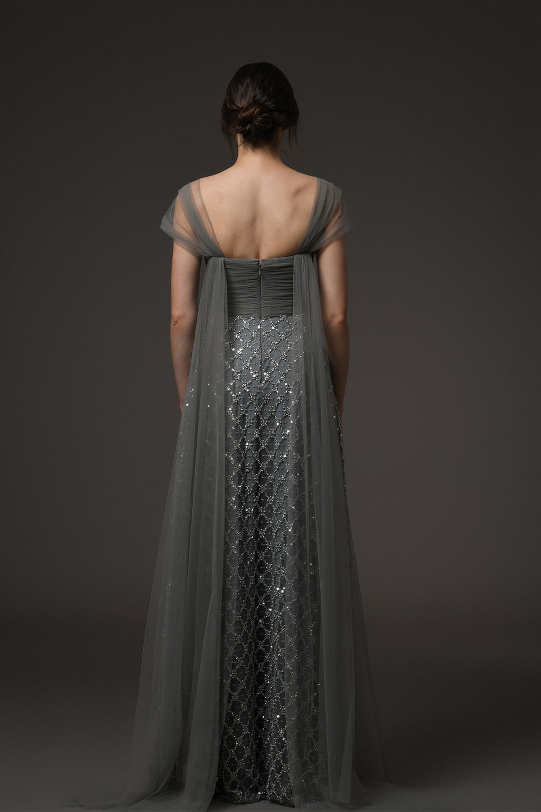 A-Line Long Dress with Tulle and Cape