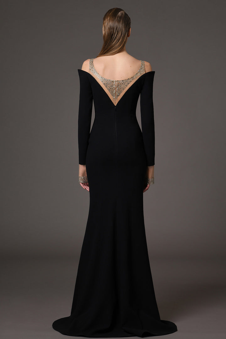 Crepe Long-Sleeved Mermaid Dress with Embroidery