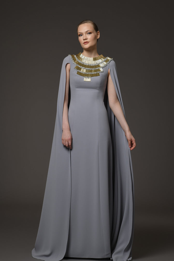 Long Dress with Embroidery and Cape