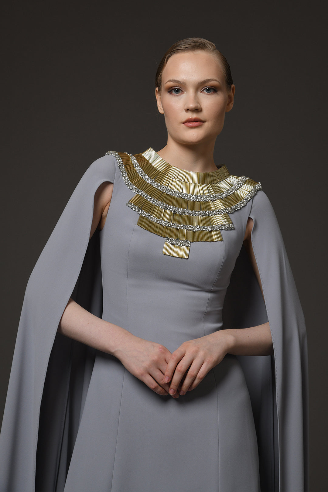 Long Dress with Embroidery and Cape