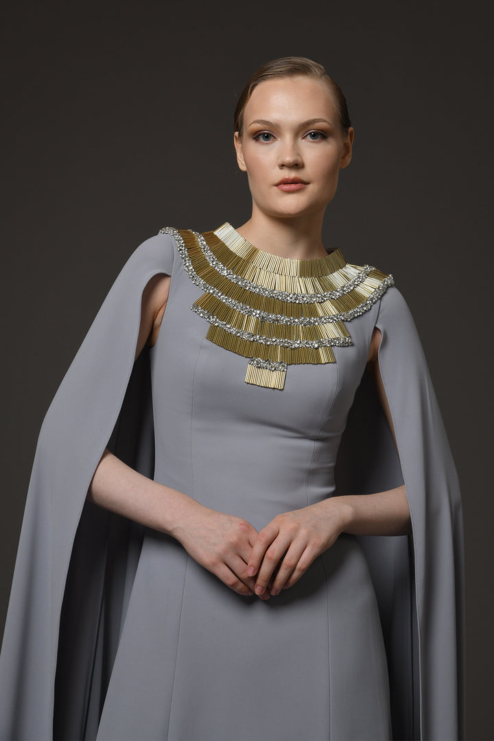 Long Dress with Embroidery and Cape