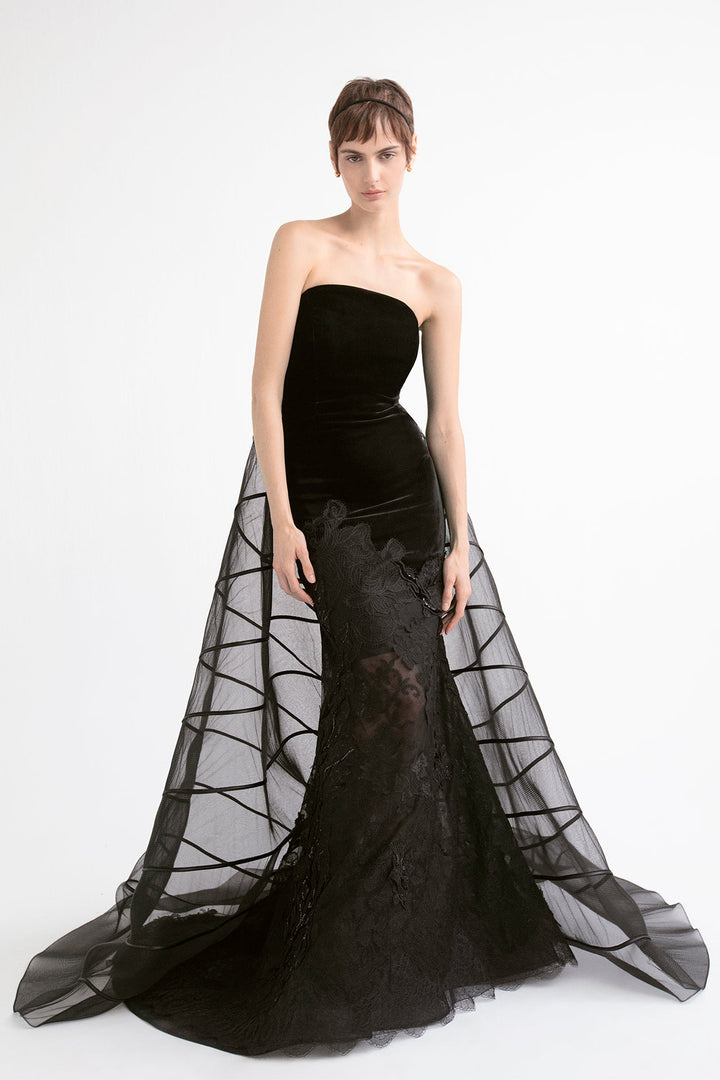 Velvet and Tulle Strapless Mermaid Dress with Watteau Train