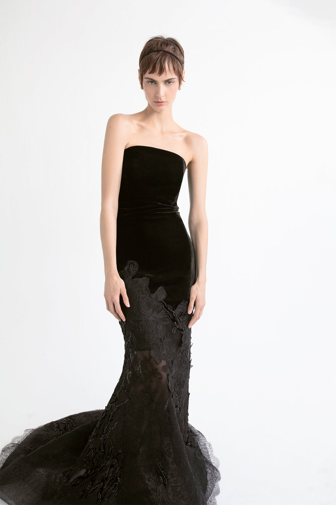 Velvet and Tulle Strapless Mermaid Dress with Watteau Train