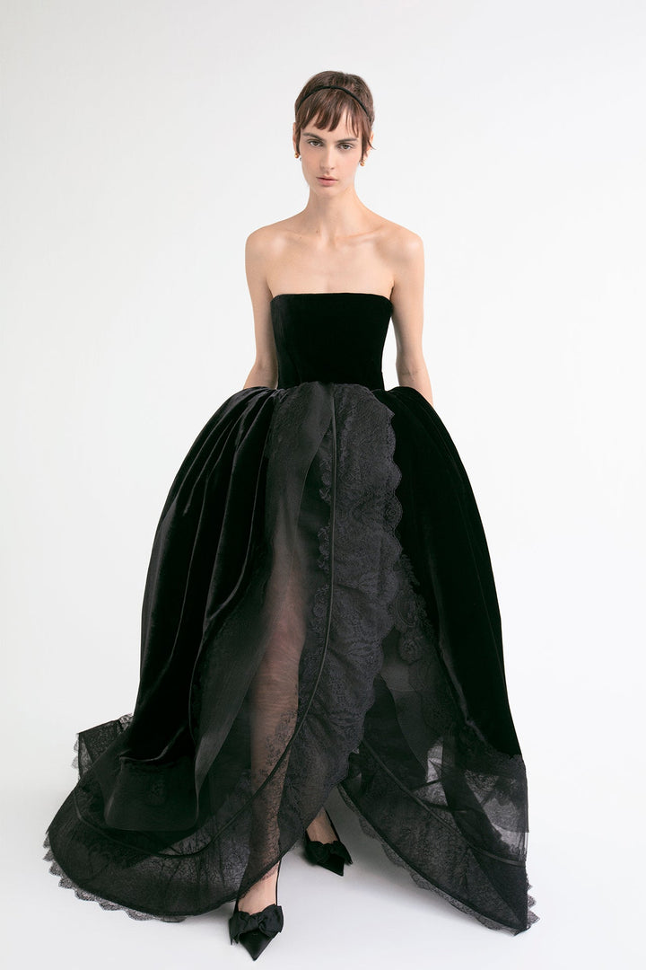 Velvet and Tulle Strapless Princess Gown.