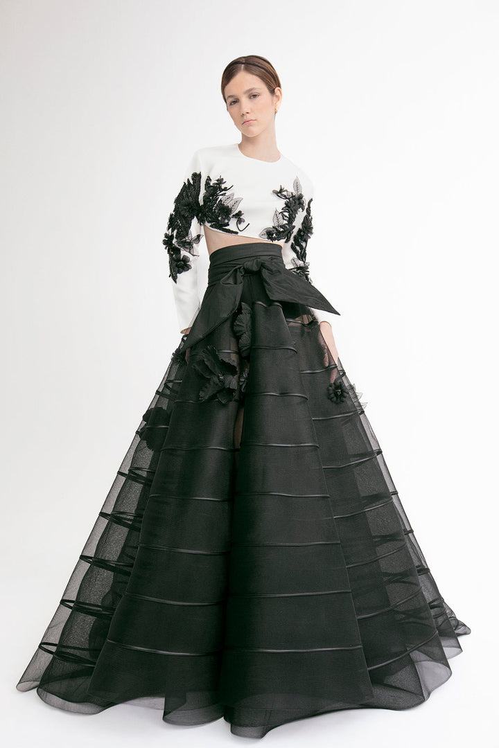 Long-Sleeved Crop Top with A-line Tulle skirt