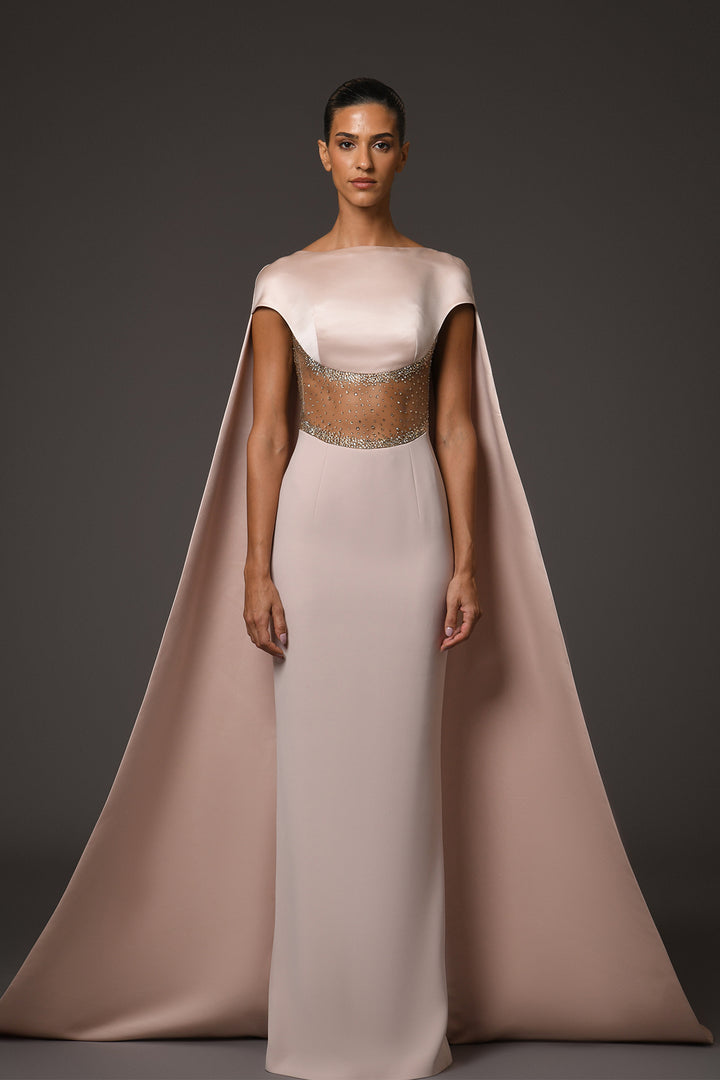 Long Dress with Cape and Crystal Embroidery