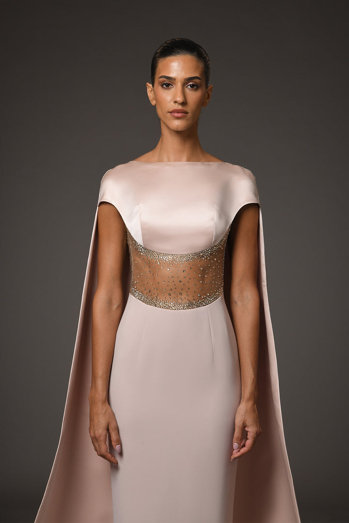 Long Dress with Cape and Crystal Embroidery