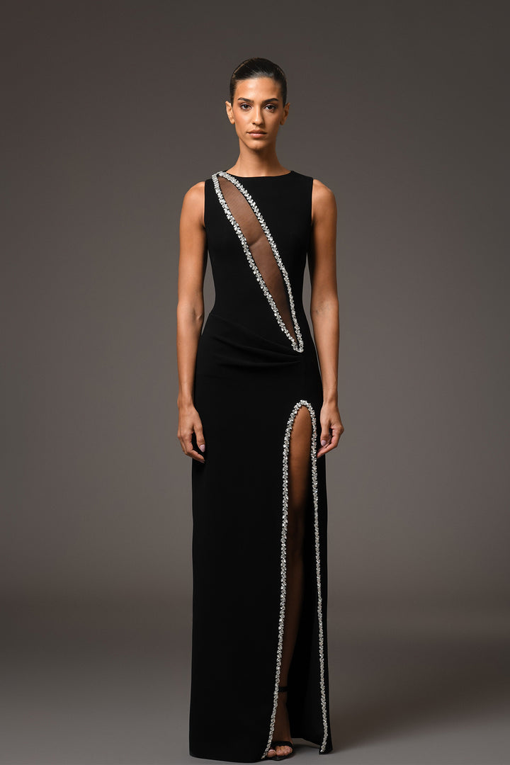 Sleeveless Long Dress with Side Slit and Crystal Embellishments