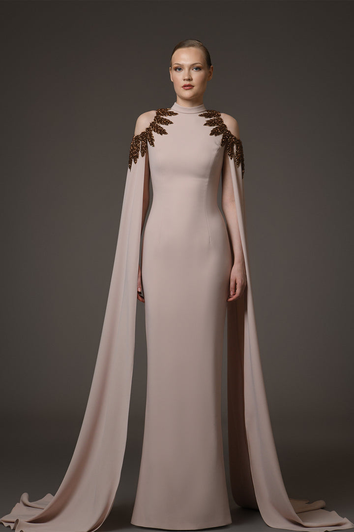 Long Dress with Embroidery and Cape Sleeves