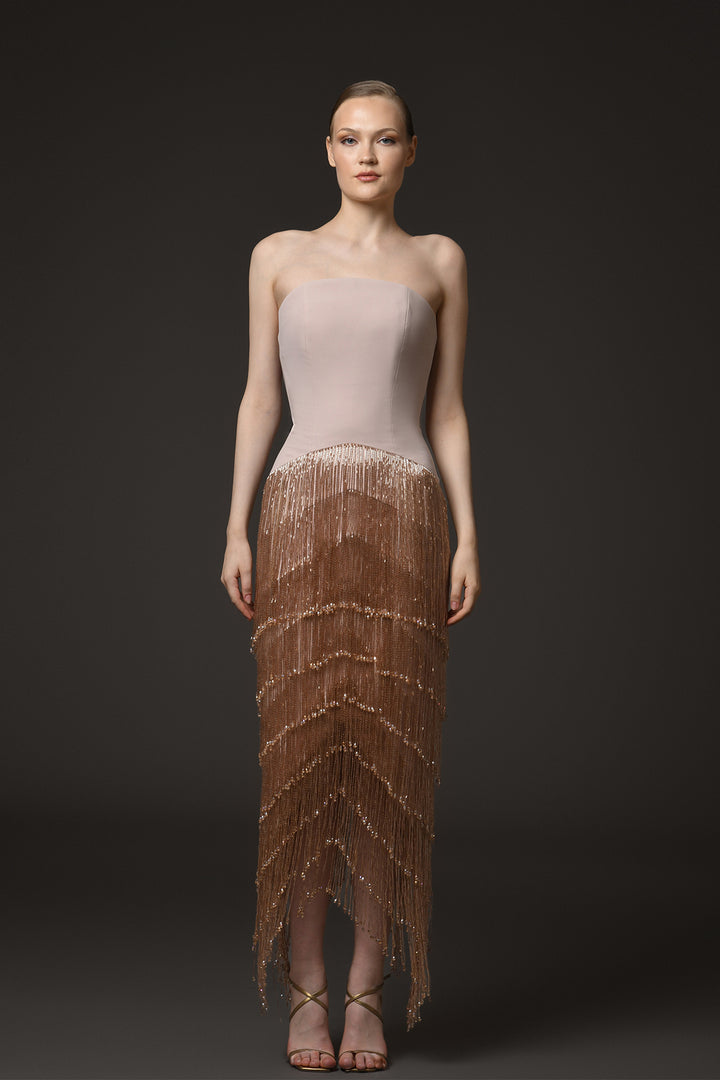 Strapless Midi Dress with Beaded Fringes
