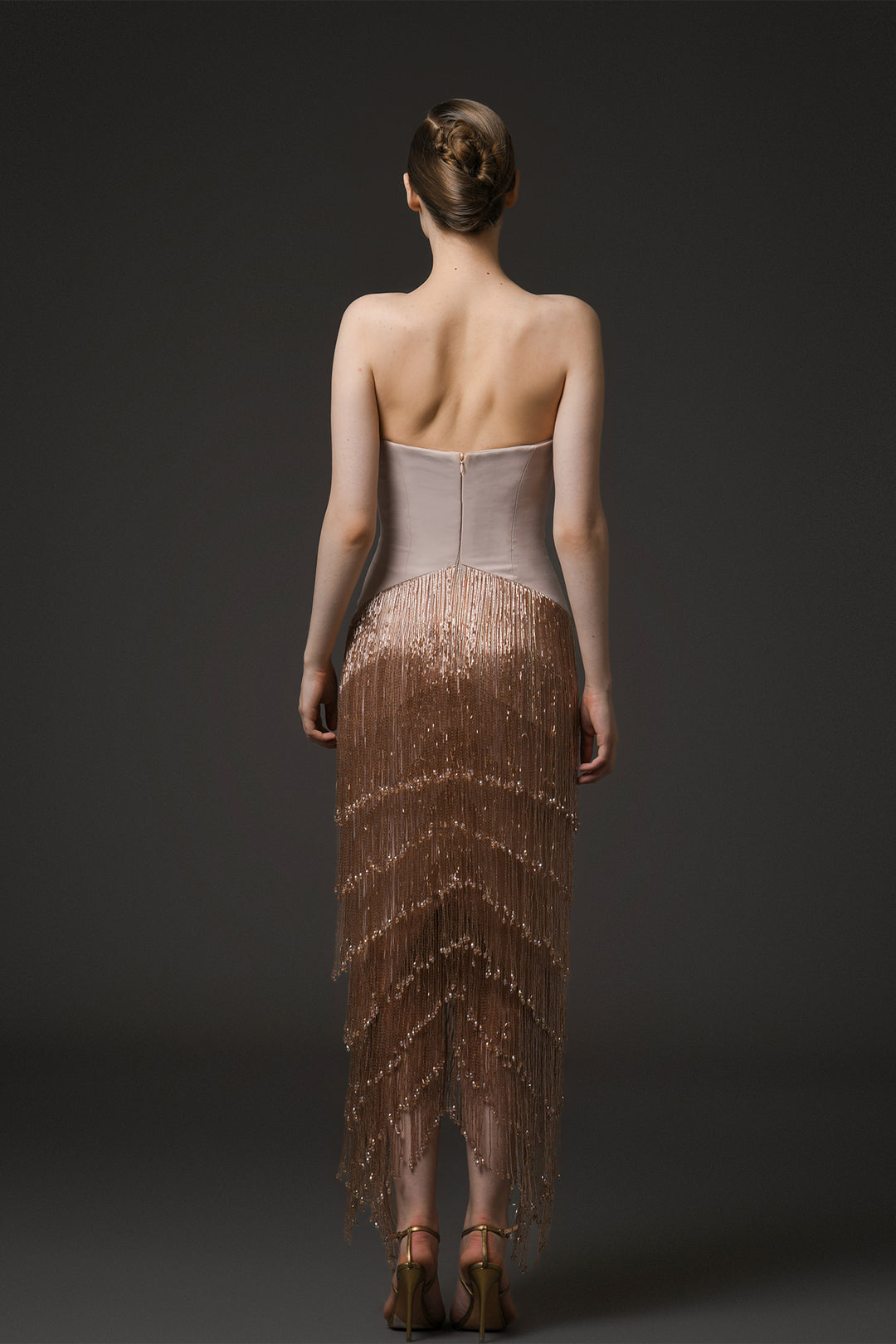 Strapless Midi Dress with Beaded Fringes