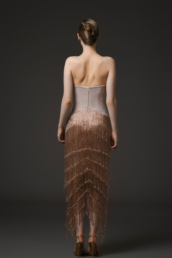 Strapless Midi Dress with Beaded Fringes